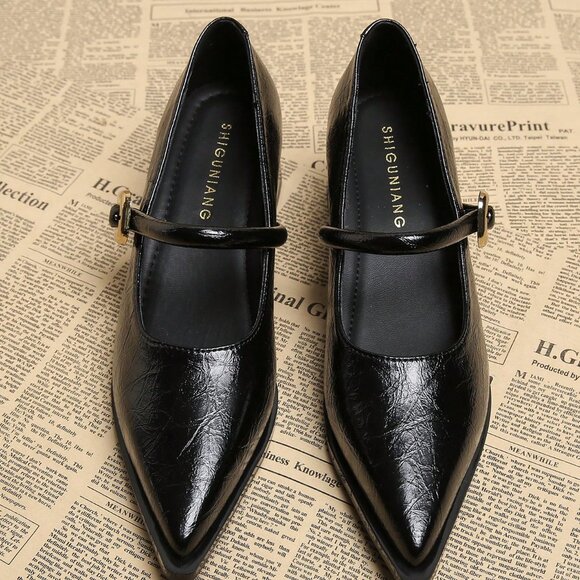 Black Elegant Women's Minimalist Pointed Toe Chunky Heel Pumps - Picture 3 of 5